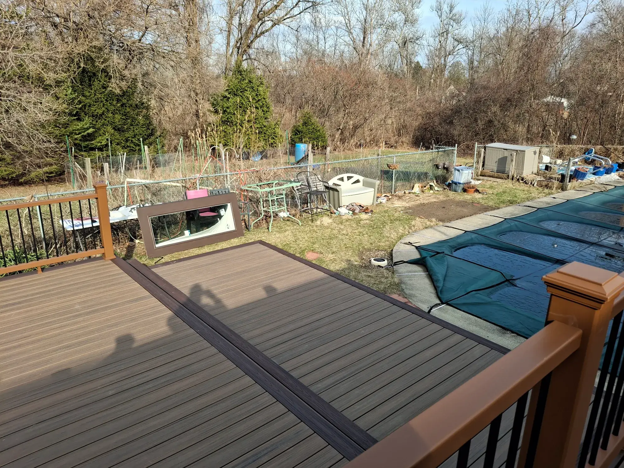 View of the deck and back yard from the door